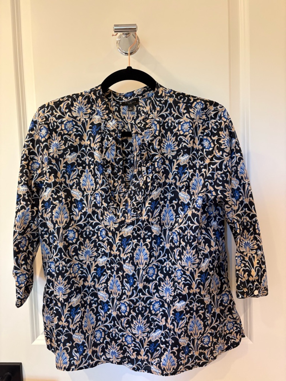 Talbots Navy and Ivory Floral-Scroll Tunic
